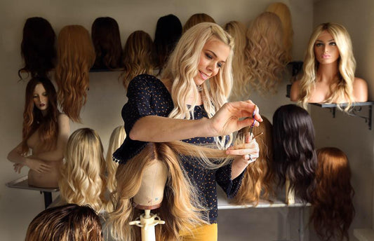Rachel in action shaping a custom wig.