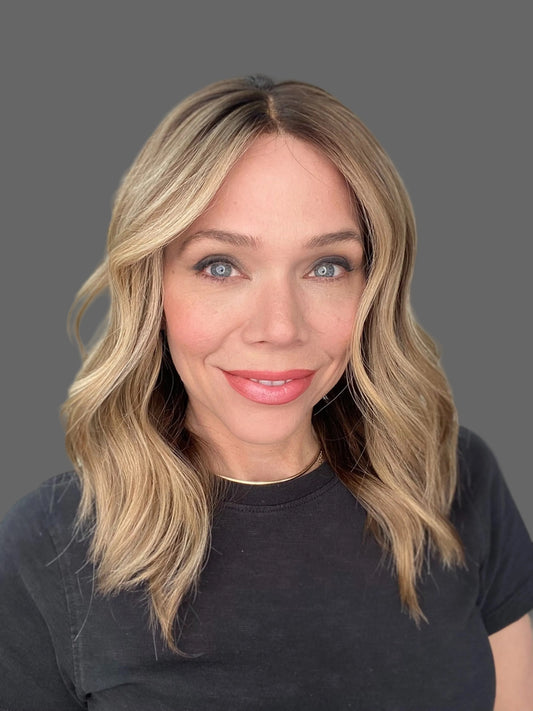 100% Human Hair Wig Hand tied, shoulder length, warm blonde rooted wig.
