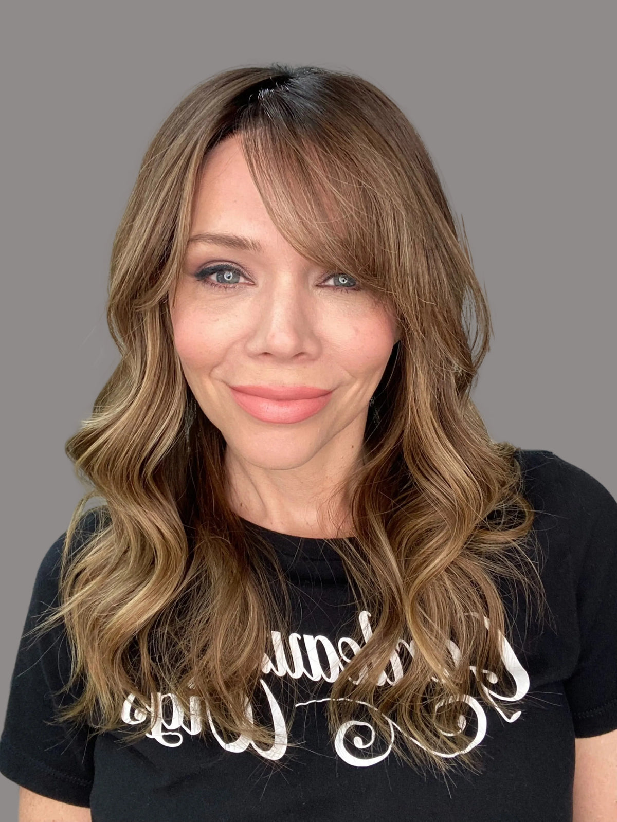 Brunette human hair wig with bangs
