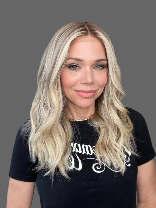 Human Hair neutral blonde rooted wig, lace front, wefted cap