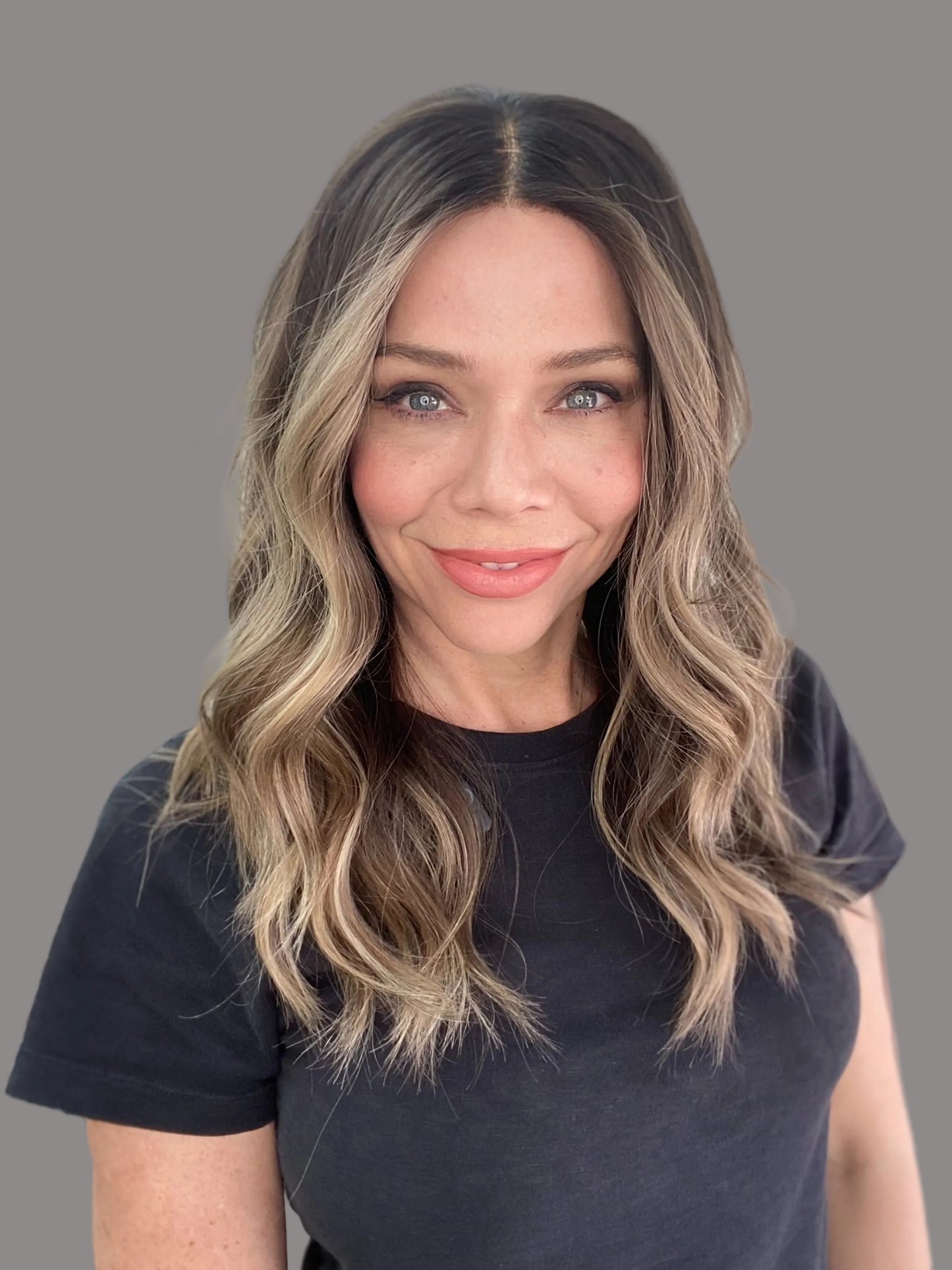 Human hair hand tied mono top lace top brunette balayage wig.