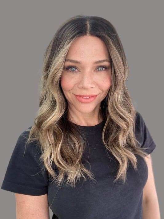 Human hair hand tied mono top lace top brunette balayage wig.