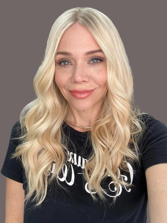 Human hair warm blonde silk top wig 